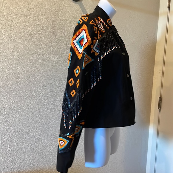 Vintage Southwest Native inspired western beaded fringe jacket black turquoise - Picture 3 of 13